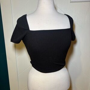 H&M Black Ribbed Square Neck Crop Top Short‎ Sleeve Basic Minimalist Neutral S